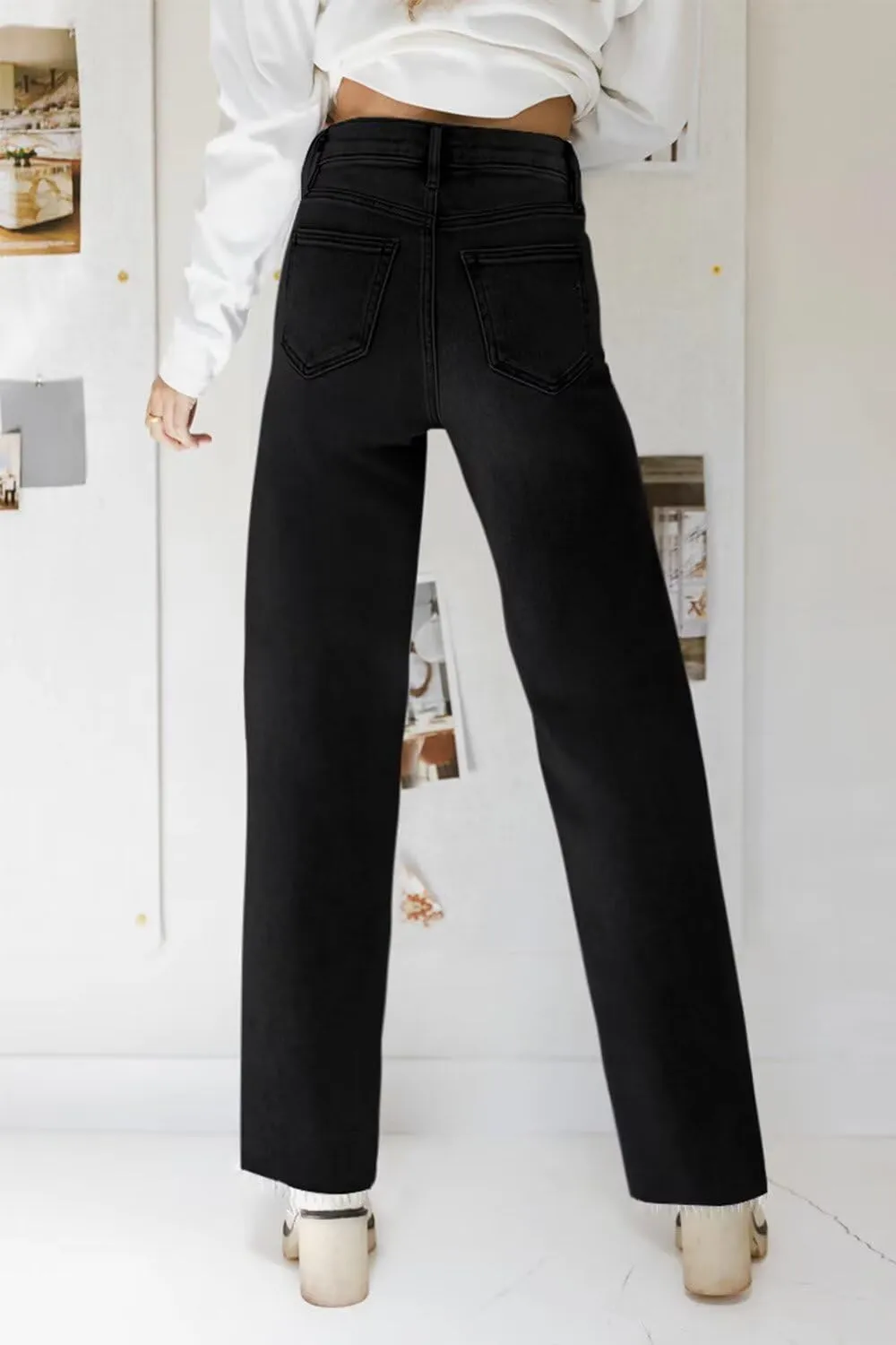 KDF Straight Leg Jeans for Women High Waisted Jeans Frayed Baggy Pants Raw Hem Loose Stretchy Cropped Wide Leg Jeans