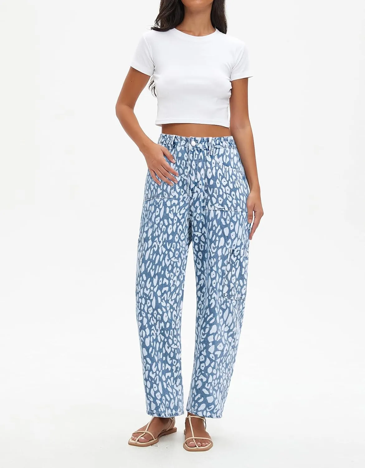 Kedera Leopard Carpenter Cargo Jeans Barrel Jeans for Women Wide Leg Denim Pants Y2k Baggy Boyfriend Jeans with Pockets