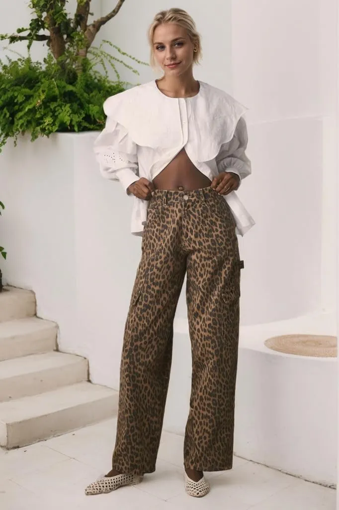 Kedera Leopard Carpenter Cargo Jeans Barrel Jeans for Women Wide Leg Denim Pants Y2k Baggy Boyfriend Jeans with Pockets