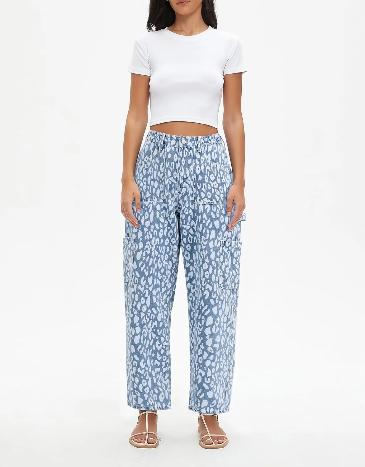 Kedera Leopard Carpenter Cargo Jeans Barrel Jeans for Women Wide Leg Denim Pants Y2k Baggy Boyfriend Jeans with Pockets