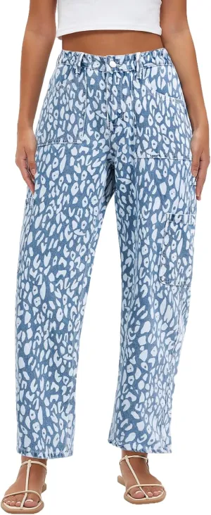 Kedera Leopard Carpenter Cargo Jeans Barrel Jeans for Women Wide Leg Denim Pants Y2k Baggy Boyfriend Jeans with Pockets