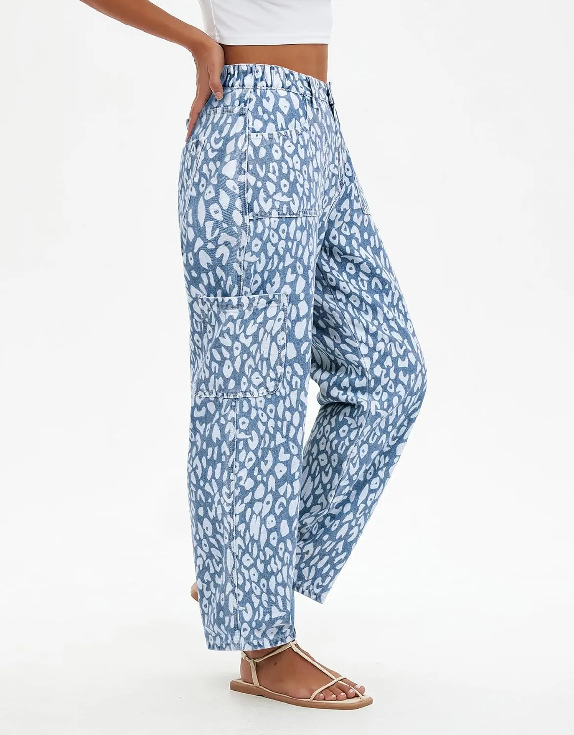Kedera Leopard Carpenter Cargo Jeans Barrel Jeans for Women Wide Leg Denim Pants Y2k Baggy Boyfriend Jeans with Pockets