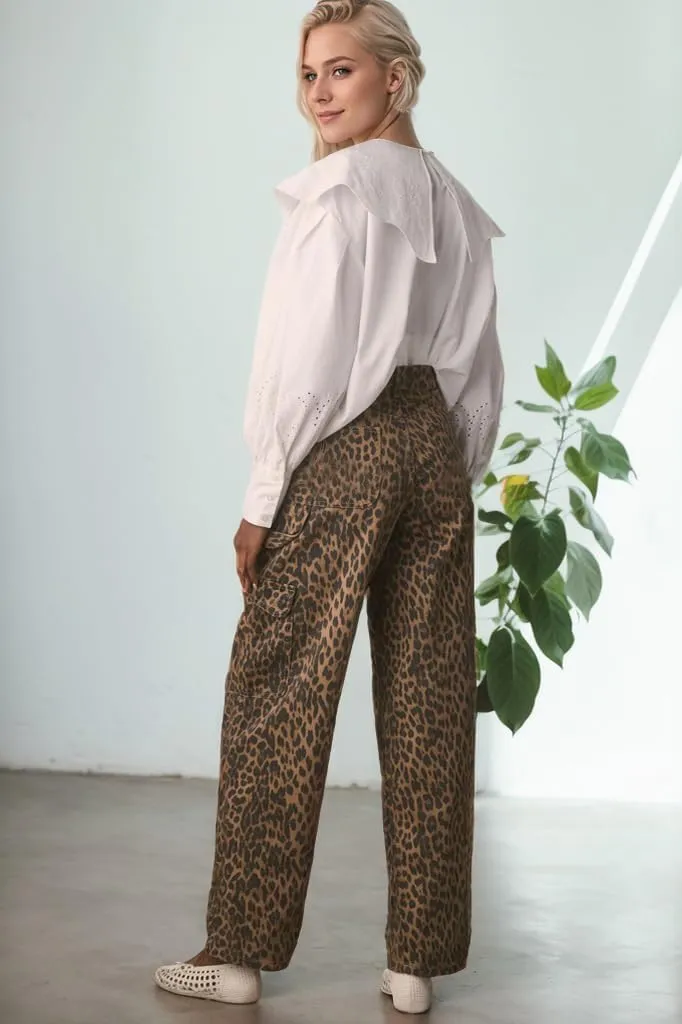 Kedera Leopard Carpenter Cargo Jeans Barrel Jeans for Women Wide Leg Denim Pants Y2k Baggy Boyfriend Jeans with Pockets