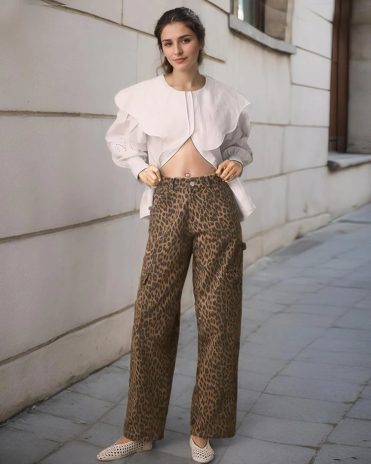 Kedera Leopard Carpenter Cargo Jeans Barrel Jeans for Women Wide Leg Denim Pants Y2k Baggy Boyfriend Jeans with Pockets