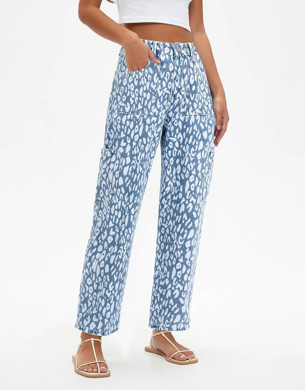Kedera Leopard Carpenter Cargo Jeans Barrel Jeans for Women Wide Leg Denim Pants Y2k Baggy Boyfriend Jeans with Pockets