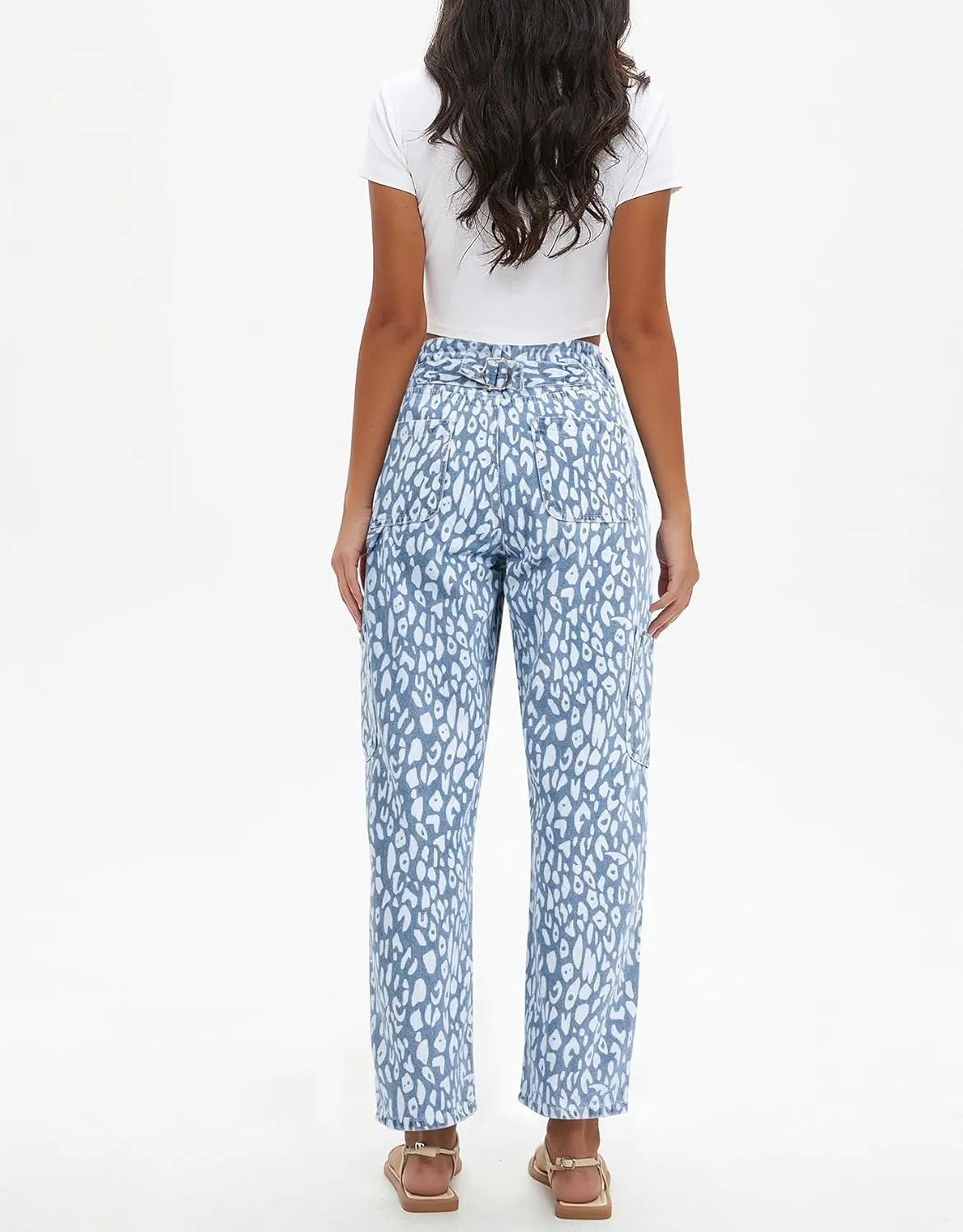 Kedera Leopard Carpenter Cargo Jeans Barrel Jeans for Women Wide Leg Denim Pants Y2k Baggy Boyfriend Jeans with Pockets