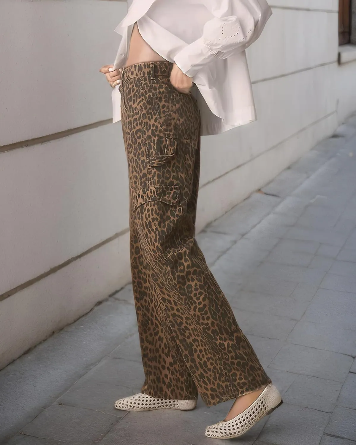 Kedera Leopard Carpenter Cargo Jeans Barrel Jeans for Women Wide Leg Denim Pants Y2k Baggy Boyfriend Jeans with Pockets