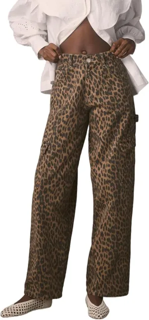 Kedera Leopard Carpenter Cargo Jeans Barrel Jeans for Women Wide Leg Denim Pants Y2k Baggy Boyfriend Jeans with Pockets