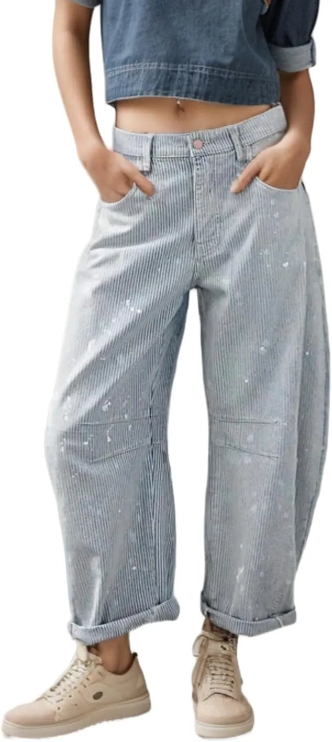 Kedera Women Stripe Barrel Jeans Casual Denim Jeans Loose Wide Leg Baggy Pants Mid Waist Boyfriend Jeans Y2k