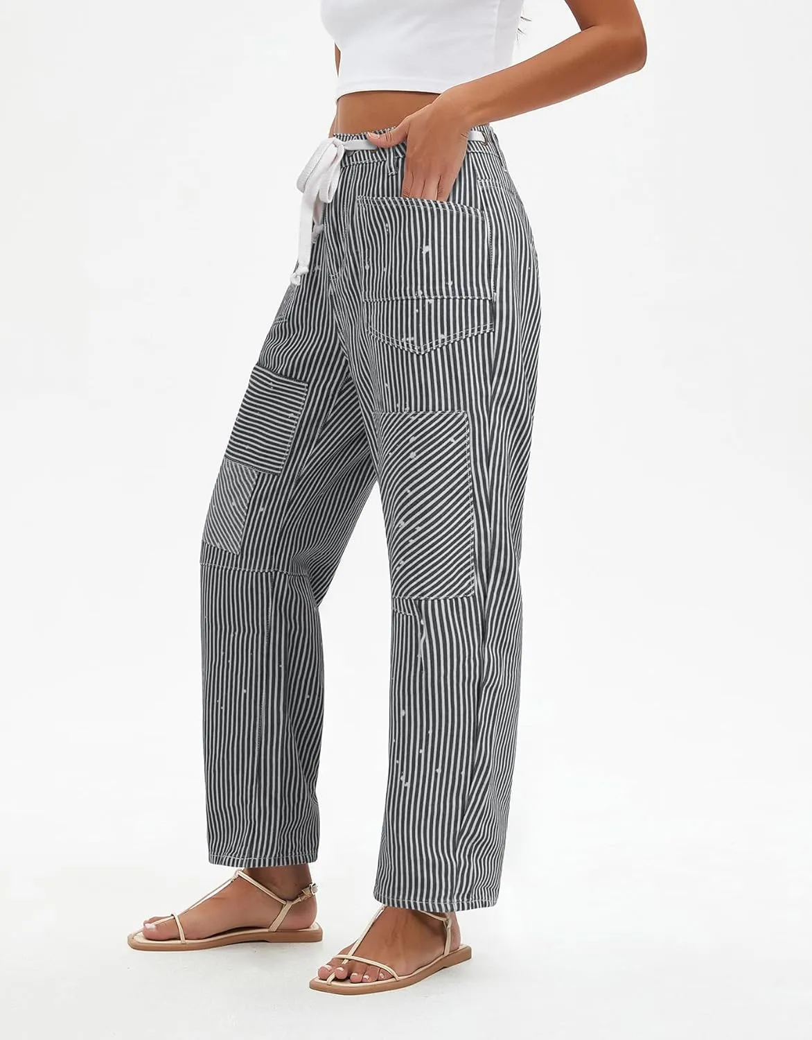 Kedera Women Striped Barrel Jeans Casual Loose Denim Jeans Wide Leg Baggy Pants Mid Waist Boyfriend Jeans Y2k