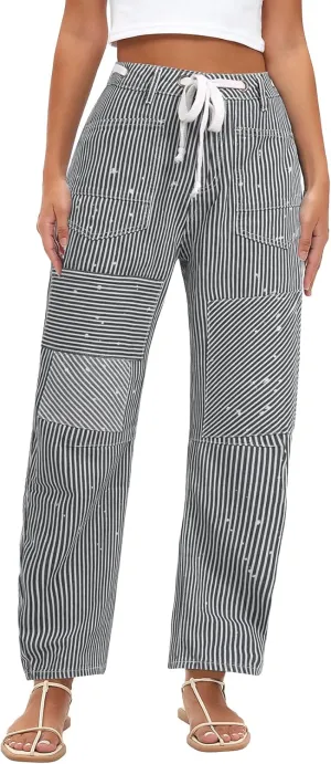 Kedera Women Striped Barrel Jeans Casual Loose Denim Jeans Wide Leg Baggy Pants Mid Waist Boyfriend Jeans Y2k