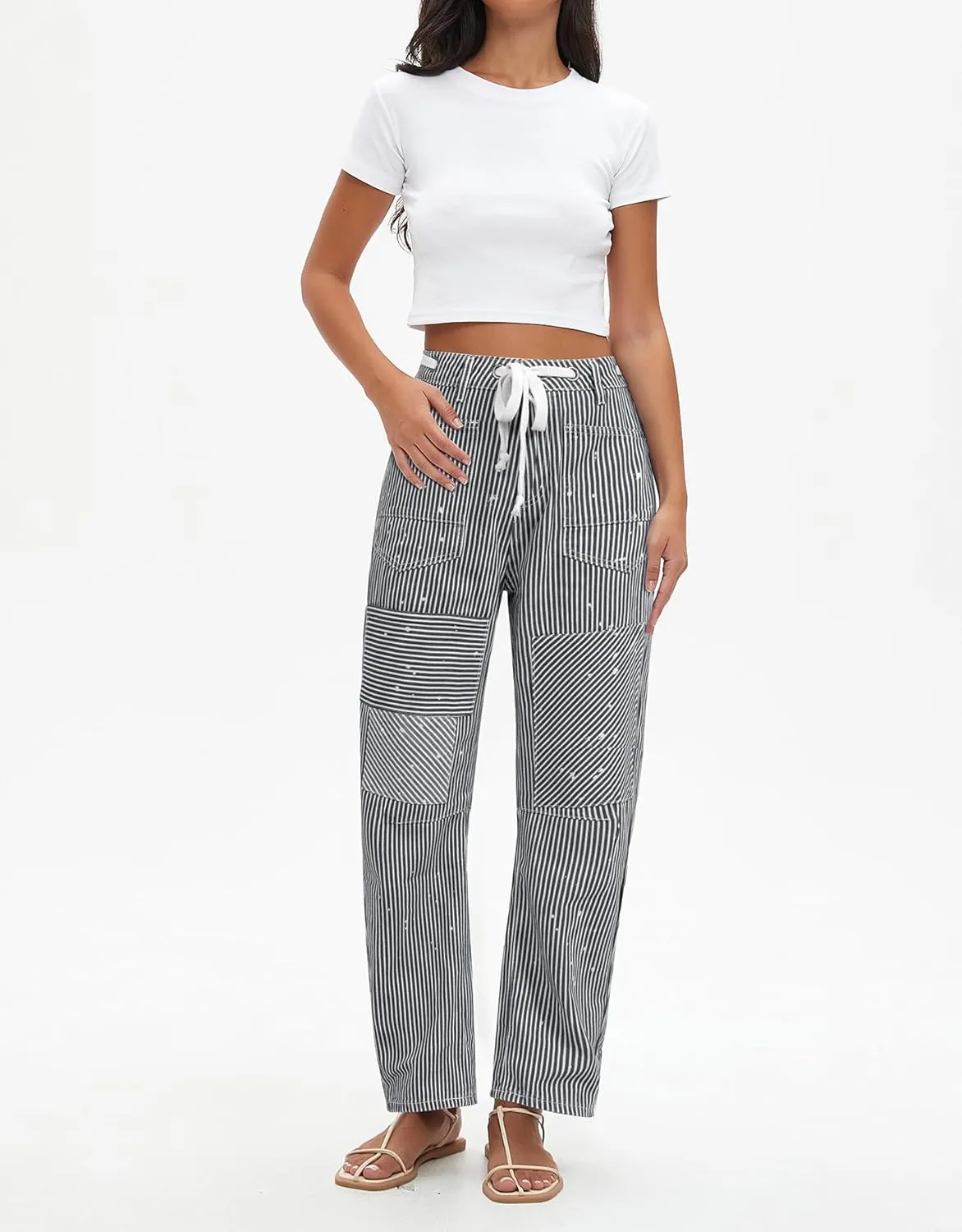 Kedera Women Striped Barrel Jeans Casual Loose Denim Jeans Wide Leg Baggy Pants Mid Waist Boyfriend Jeans Y2k