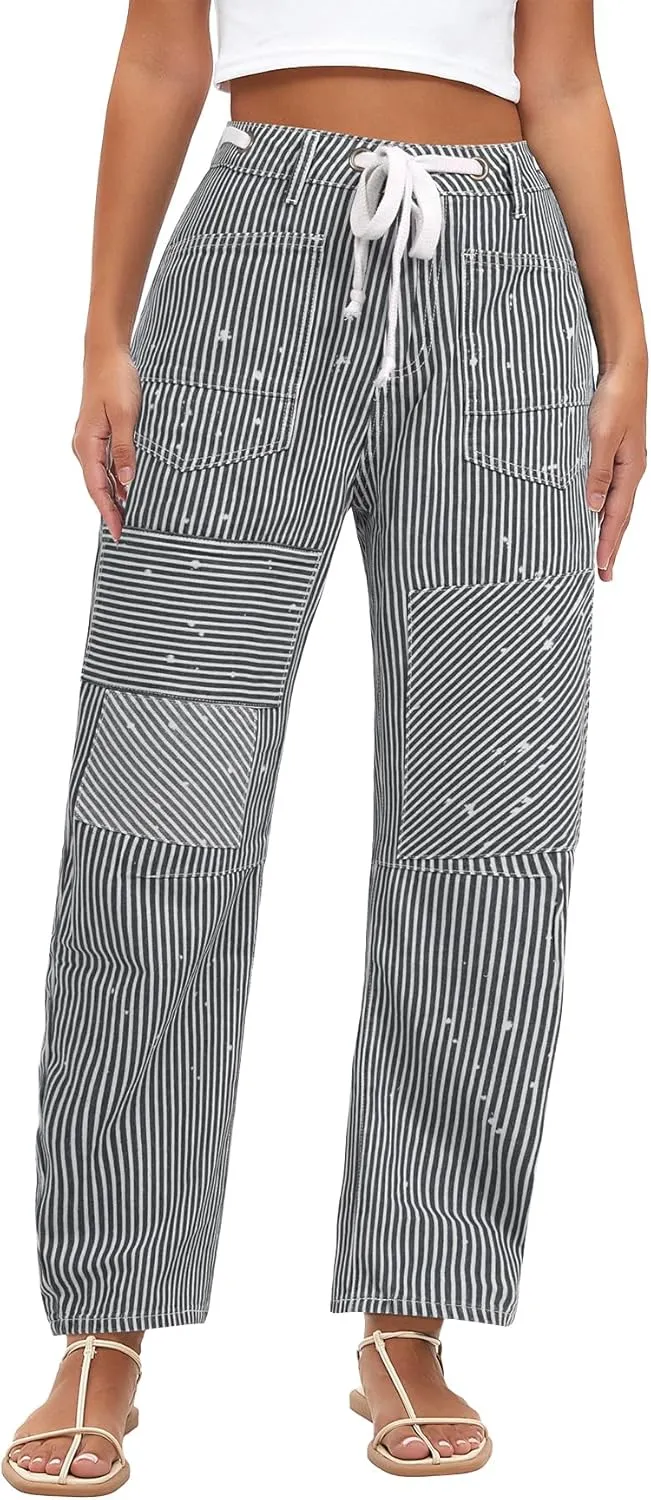 Kedera Women Striped Barrel Jeans Casual Loose Denim Jeans Wide Leg Baggy Pants Mid Waist Boyfriend Jeans Y2k