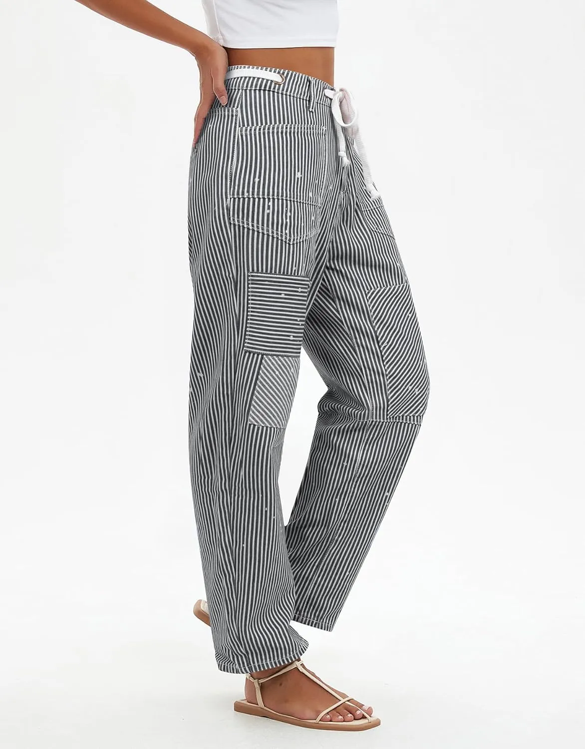 Kedera Women Striped Barrel Jeans Casual Loose Denim Jeans Wide Leg Baggy Pants Mid Waist Boyfriend Jeans Y2k