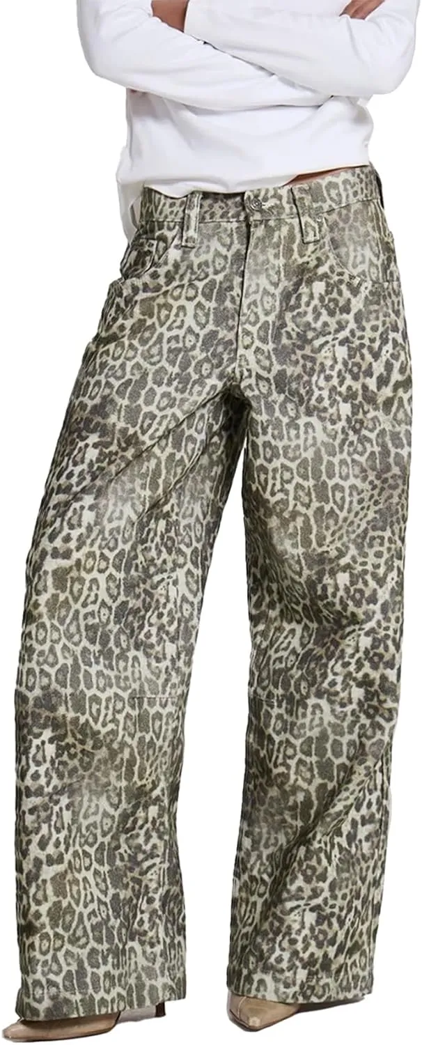 Kedera Women's Leopard Printed Straight Jeans Loose Y2K Jeans Casual Boyfriend Vintage Streetwear Cheetah Jeans