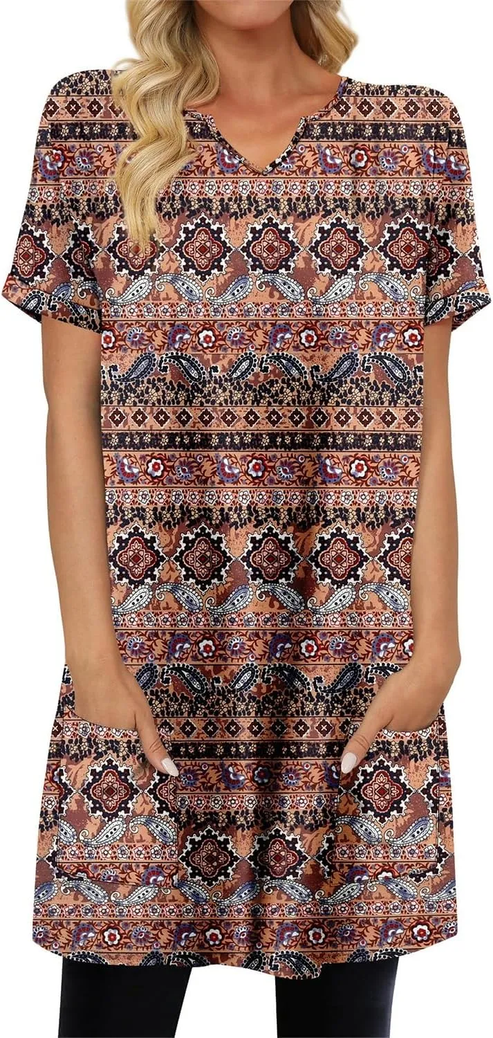 KISSMODA Women's Short Sleeve Tunic Tops Summer for Leggings T-shirts Long Tunics with Pockets Dresses Pullover Hoodies