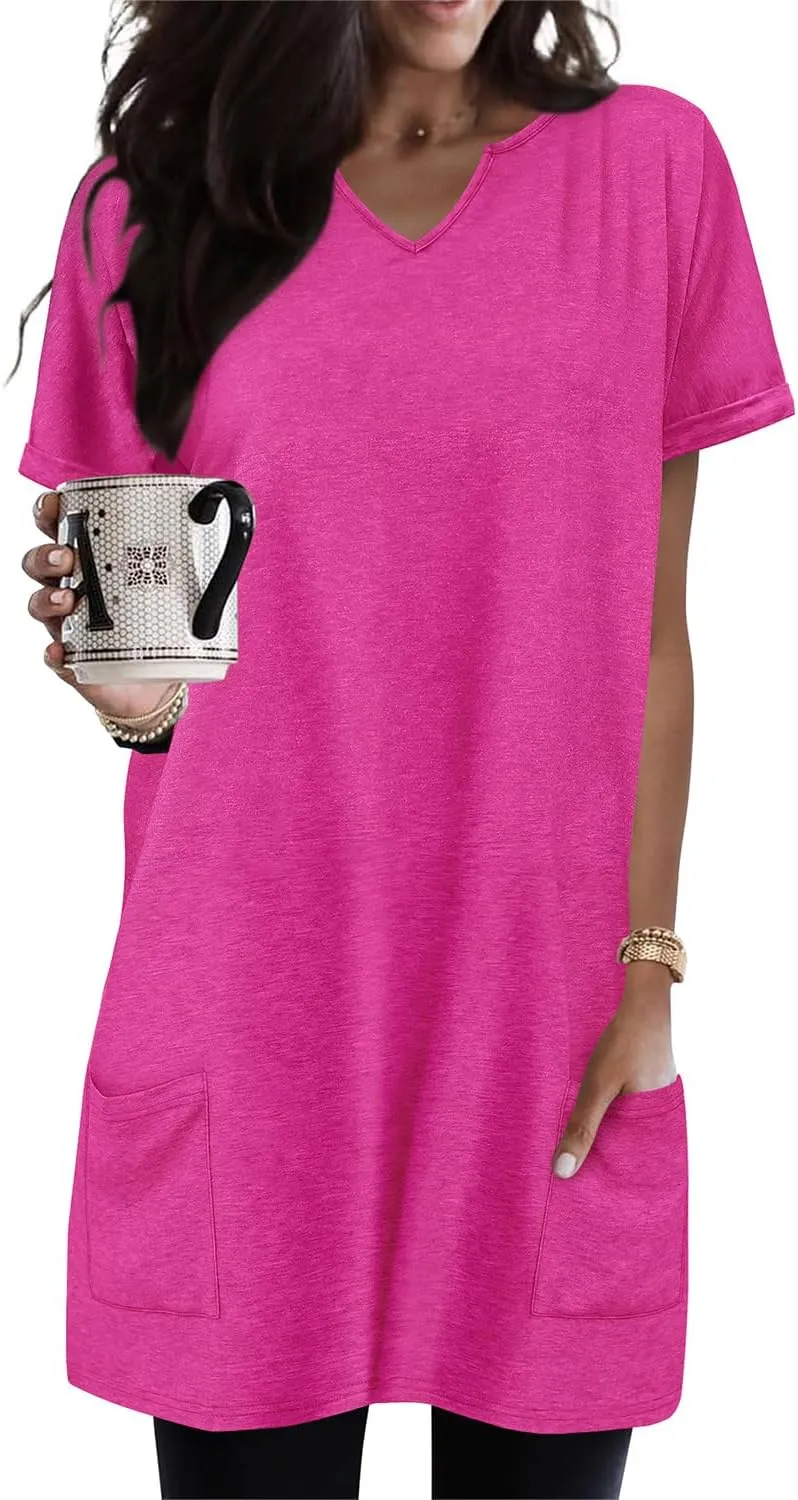 KISSMODA Women's Short Sleeve Tunic Tops Summer for Leggings T-shirts Long Tunics with Pockets Dresses Pullover Hoodies