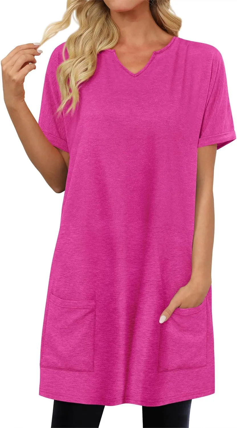 KISSMODA Women's Short Sleeve Tunic Tops Summer for Leggings T-shirts Long Tunics with Pockets Dresses Pullover Hoodies