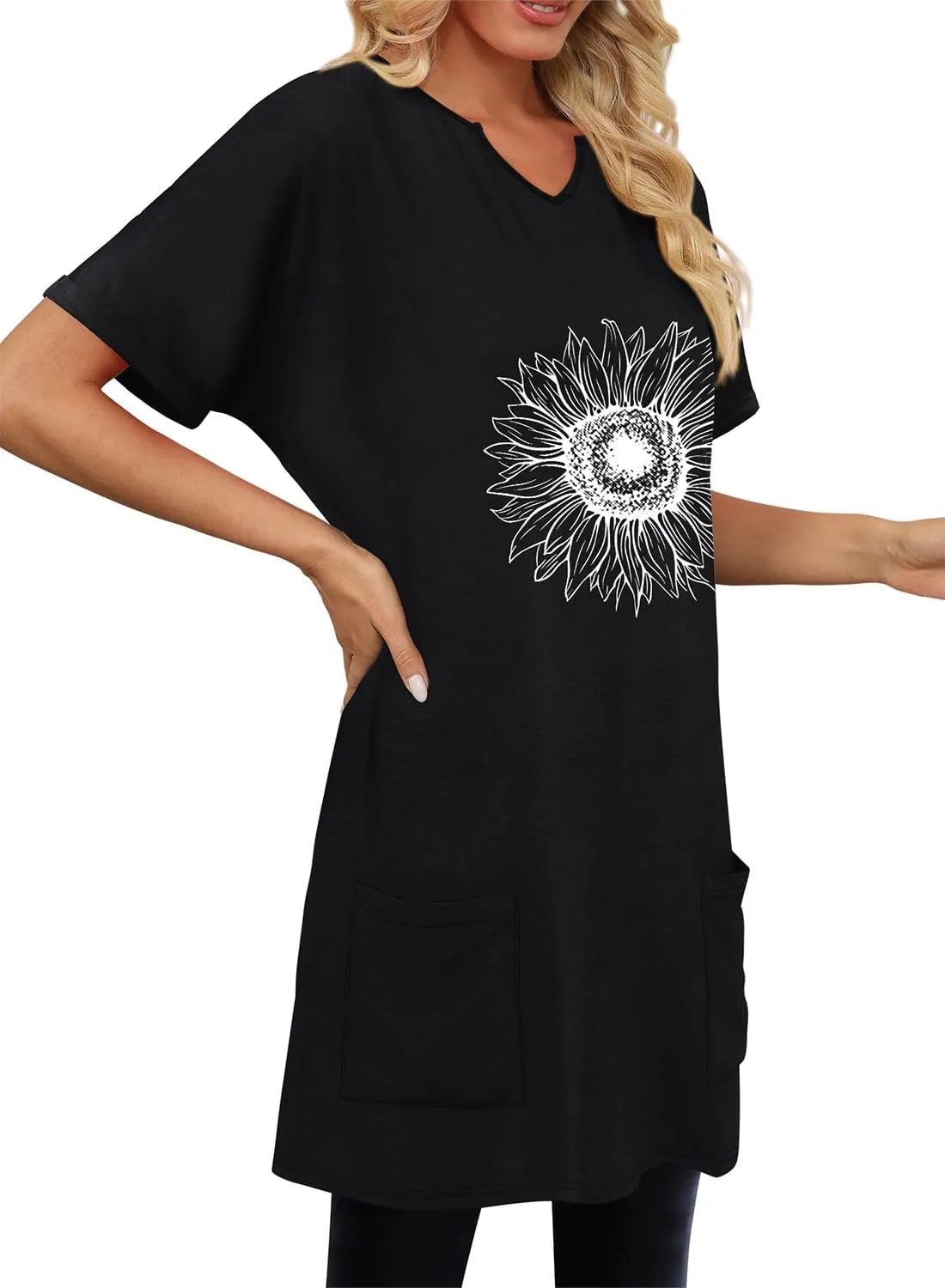 KISSMODA Women's Short Sleeve Tunic Tops Summer for Leggings T-shirts Long Tunics with Pockets Dresses Pullover Hoodies