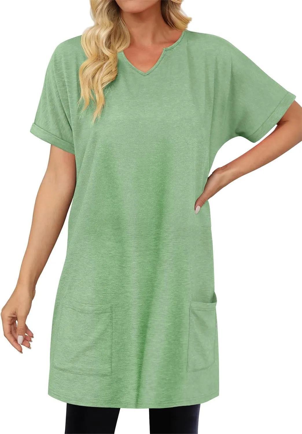 KISSMODA Women's Short Sleeve Tunic Tops Summer for Leggings T-shirts Long Tunics with Pockets Dresses Pullover Hoodies