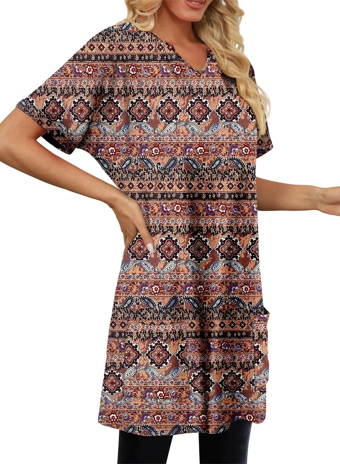 KISSMODA Women's Short Sleeve Tunic Tops Summer for Leggings T-shirts Long Tunics with Pockets Dresses Pullover Hoodies
