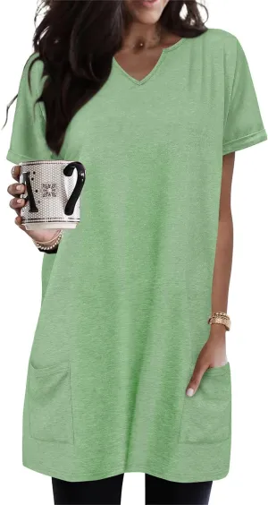 KISSMODA Women's Short Sleeve Tunic Tops Summer for Leggings T-shirts Long Tunics with Pockets Dresses Pullover Hoodies