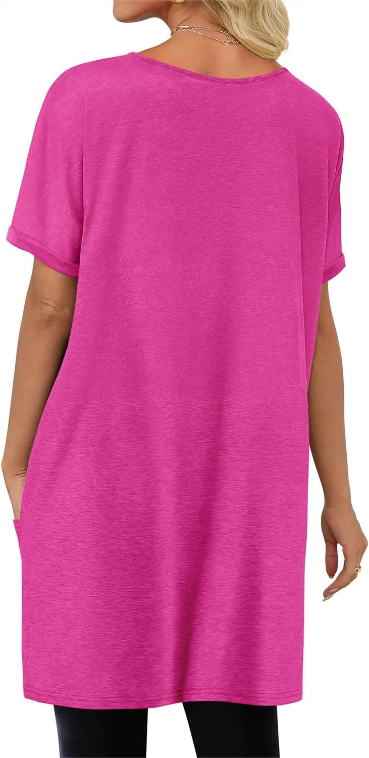 KISSMODA Women's Short Sleeve Tunic Tops Summer for Leggings T-shirts Long Tunics with Pockets Dresses Pullover Hoodies