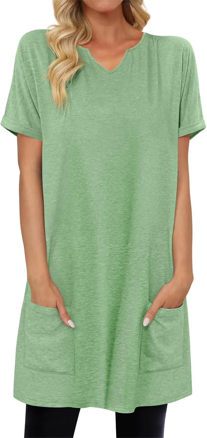 KISSMODA Women's Short Sleeve Tunic Tops Summer for Leggings T-shirts Long Tunics with Pockets Dresses Pullover Hoodies