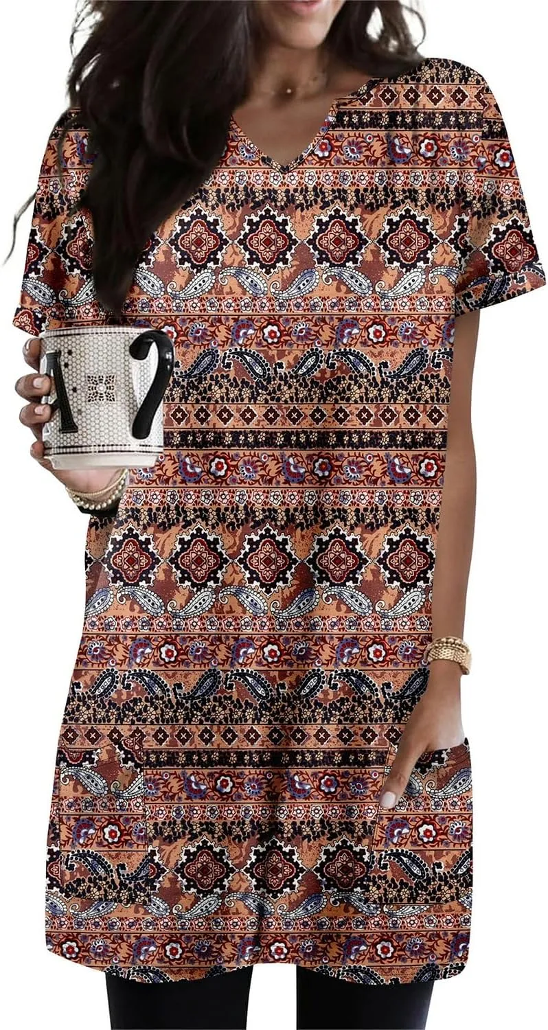 KISSMODA Women's Short Sleeve Tunic Tops Summer for Leggings T-shirts Long Tunics with Pockets Dresses Pullover Hoodies