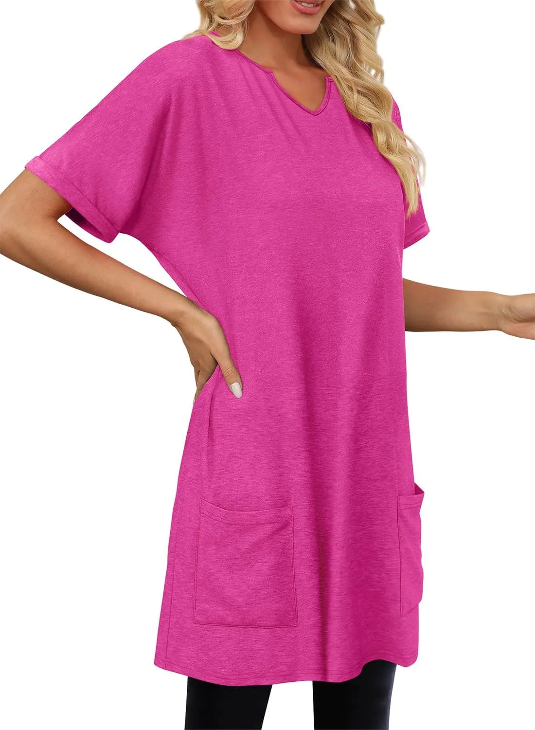 KISSMODA Women's Short Sleeve Tunic Tops Summer for Leggings T-shirts Long Tunics with Pockets Dresses Pullover Hoodies
