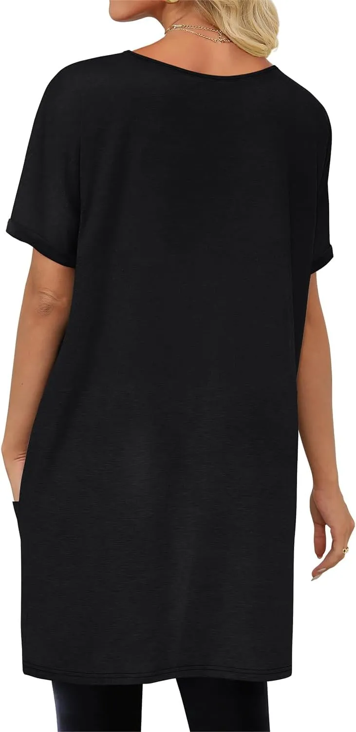 KISSMODA Women's Short Sleeve Tunic Tops Summer for Leggings T-shirts Long Tunics with Pockets Dresses Pullover Hoodies