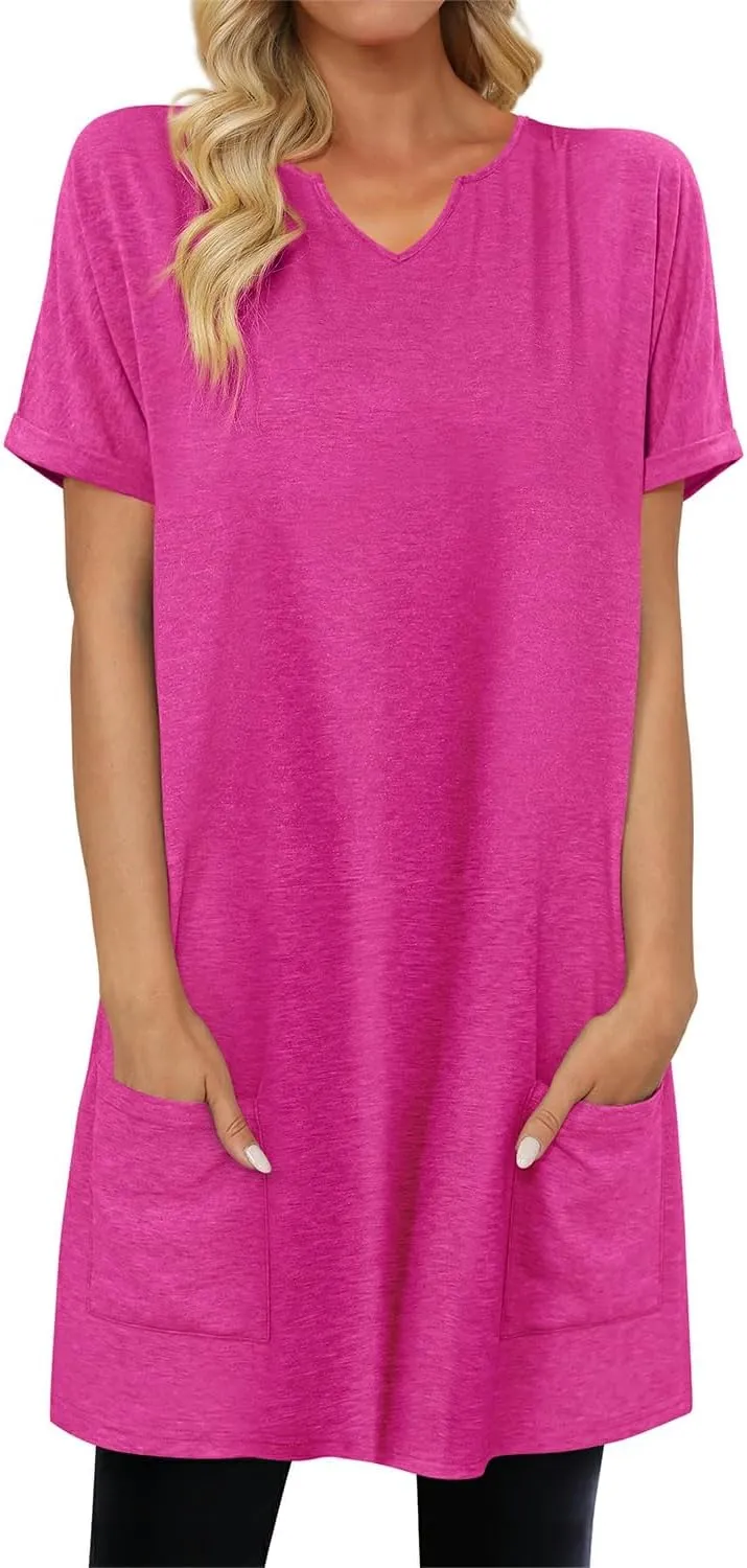 KISSMODA Women's Short Sleeve Tunic Tops Summer for Leggings T-shirts Long Tunics with Pockets Dresses Pullover Hoodies