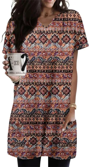 KISSMODA Women's Short Sleeve Tunic Tops Summer for Leggings T-shirts Long Tunics with Pockets Dresses Pullover Hoodies