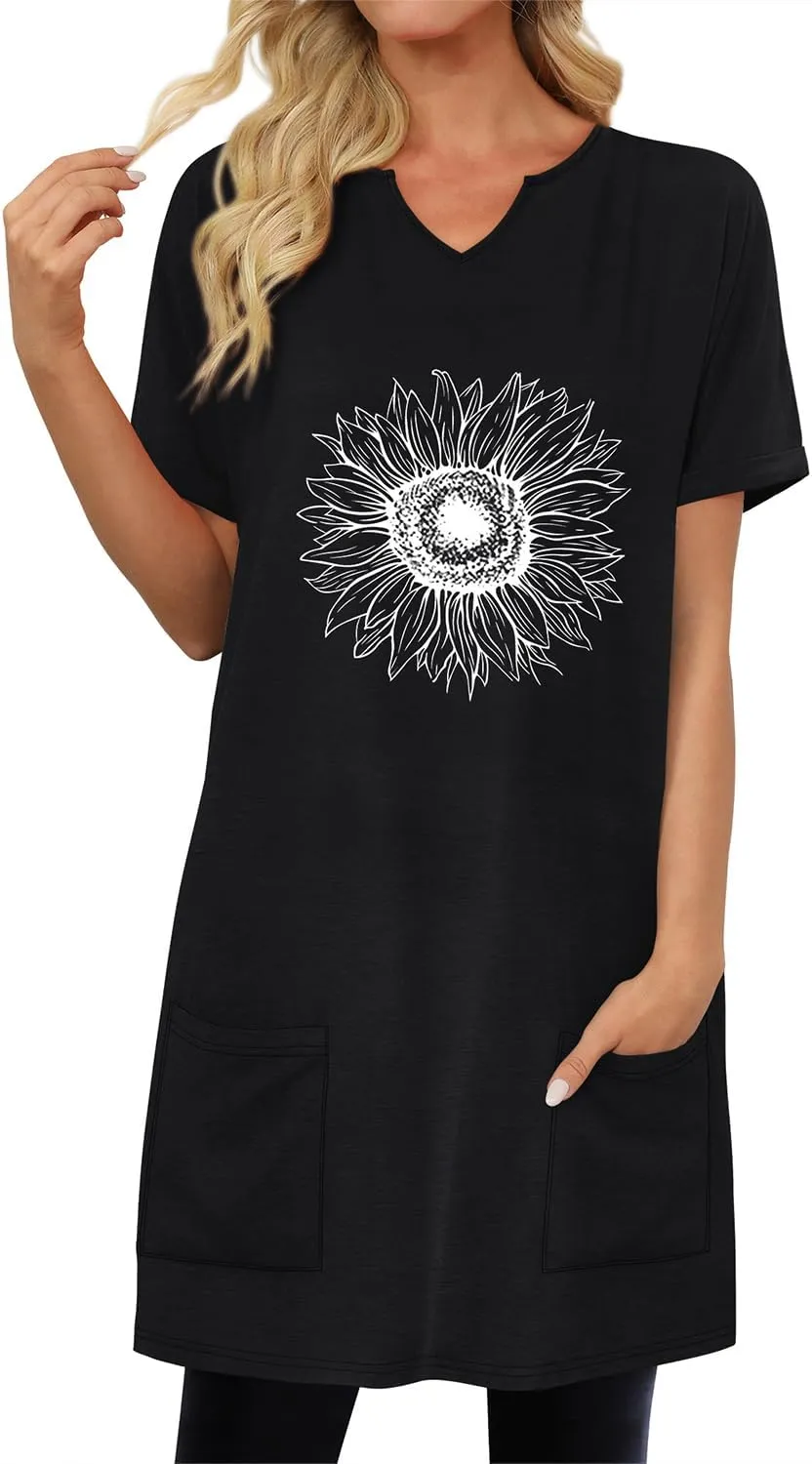 KISSMODA Women's Short Sleeve Tunic Tops Summer for Leggings T-shirts Long Tunics with Pockets Dresses Pullover Hoodies