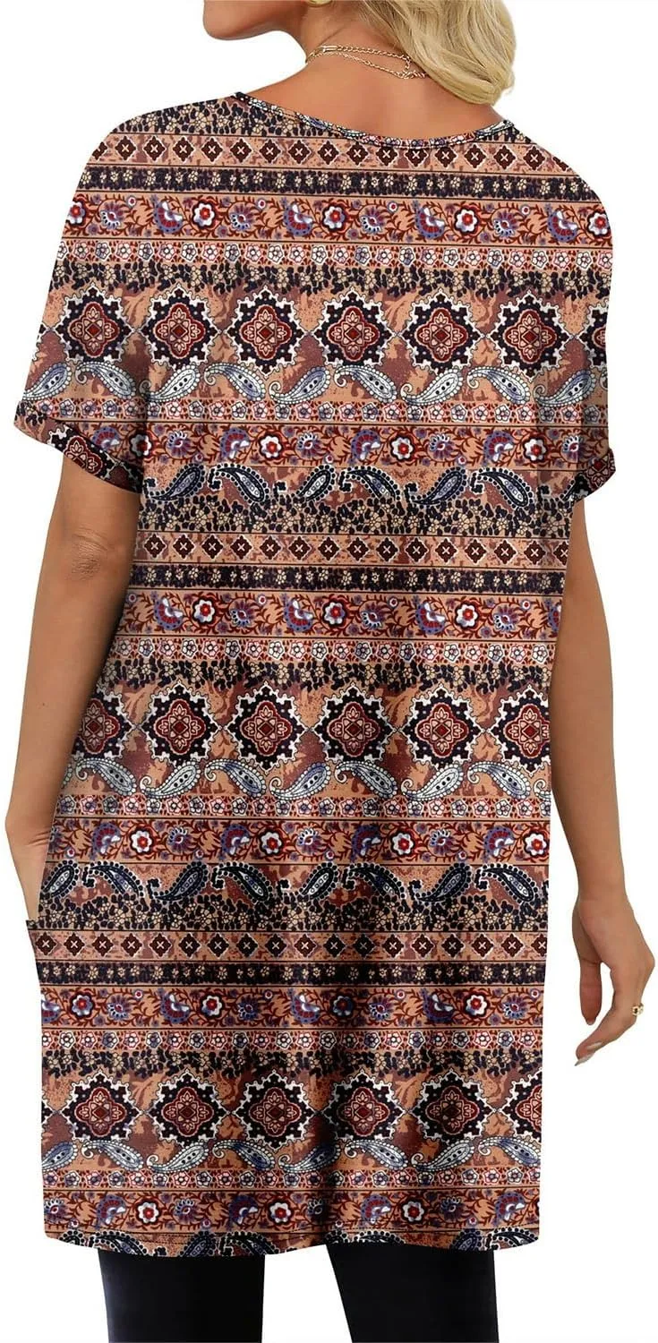 KISSMODA Women's Short Sleeve Tunic Tops Summer for Leggings T-shirts Long Tunics with Pockets Dresses Pullover Hoodies