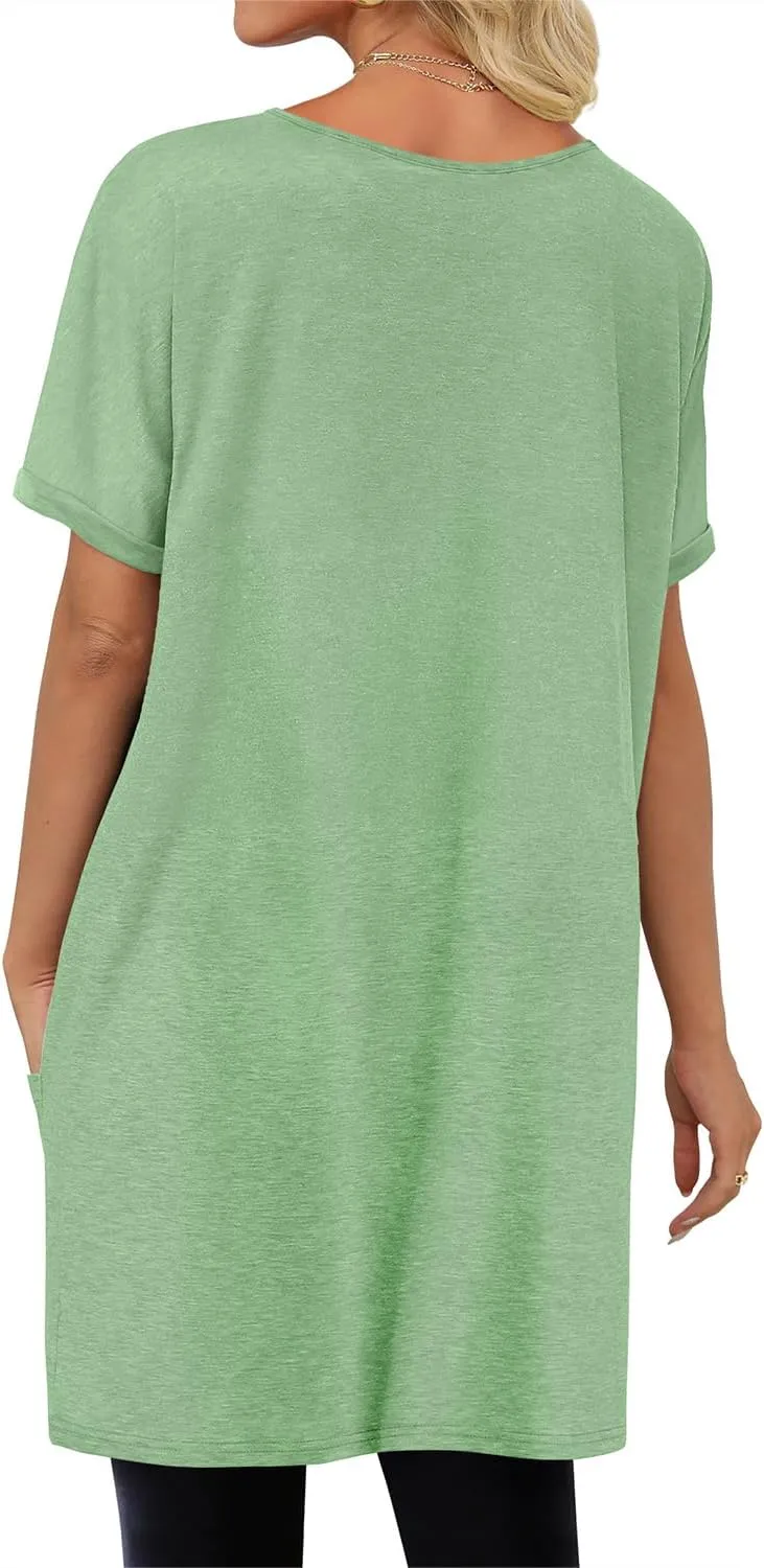 KISSMODA Women's Short Sleeve Tunic Tops Summer for Leggings T-shirts Long Tunics with Pockets Dresses Pullover Hoodies