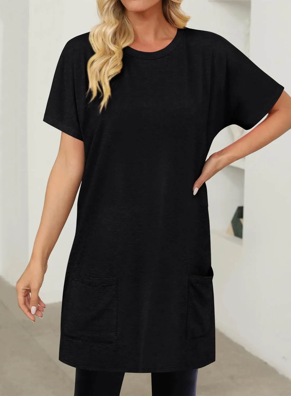 KISSMODA Womens Summer Tunic Tops for Leggings Casual Short Sleeve Long Shirts with Pockets