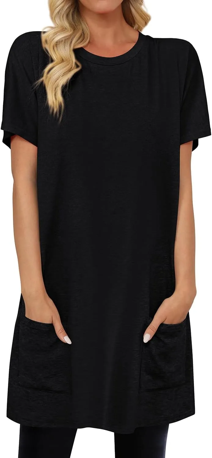KISSMODA Womens Summer Tunic Tops for Leggings Casual Short Sleeve Long Shirts with Pockets
