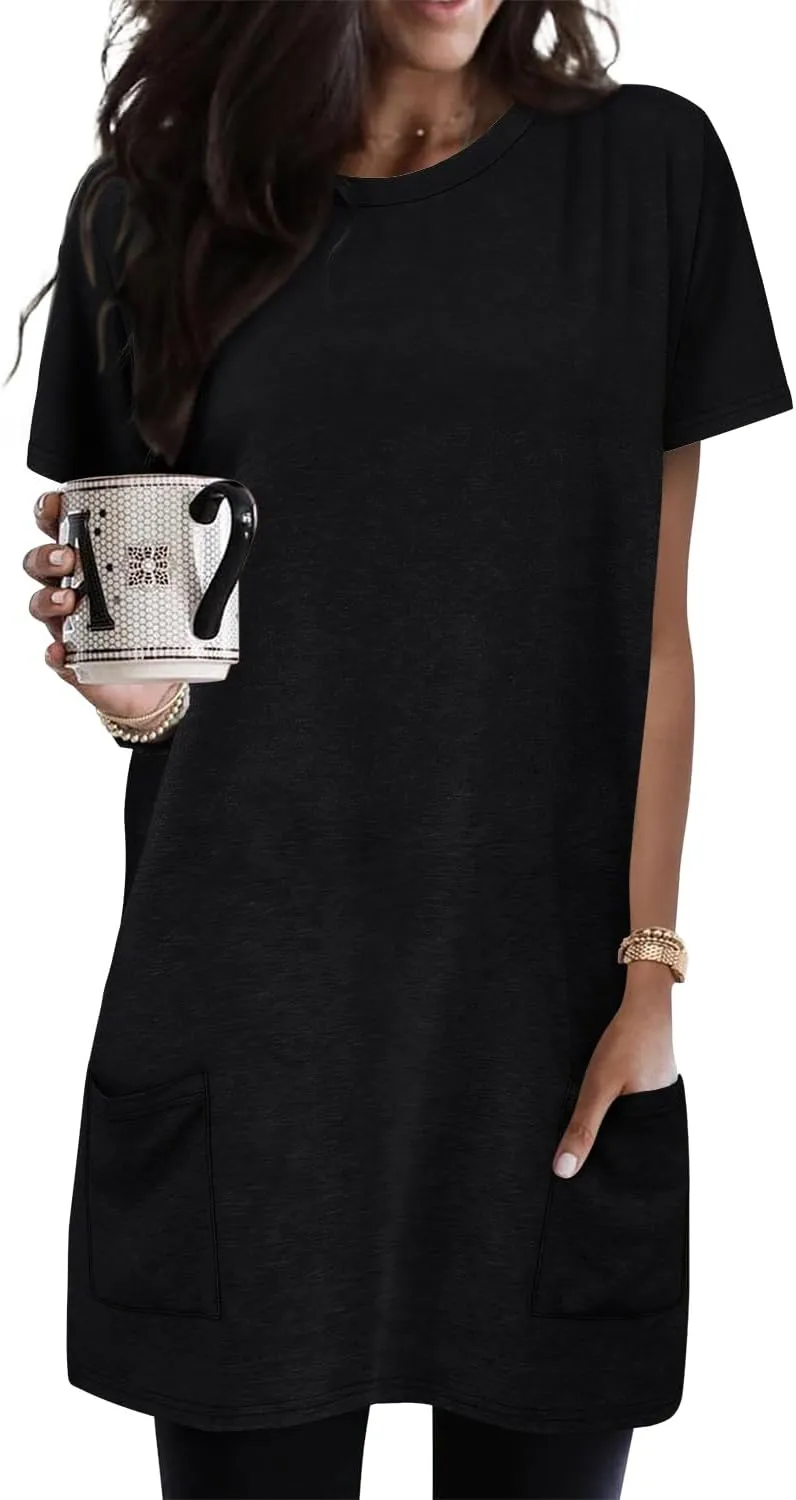 KISSMODA Womens Summer Tunic Tops for Leggings Casual Short Sleeve Long Shirts with Pockets