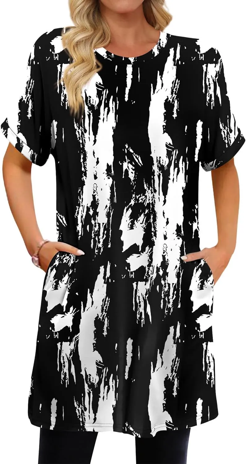 KISSMODA Women's Tunics or Tops to Wear with Leggings Short Sleeve Casual Long Tunics with Pockets T Shirts Loose S-3XL