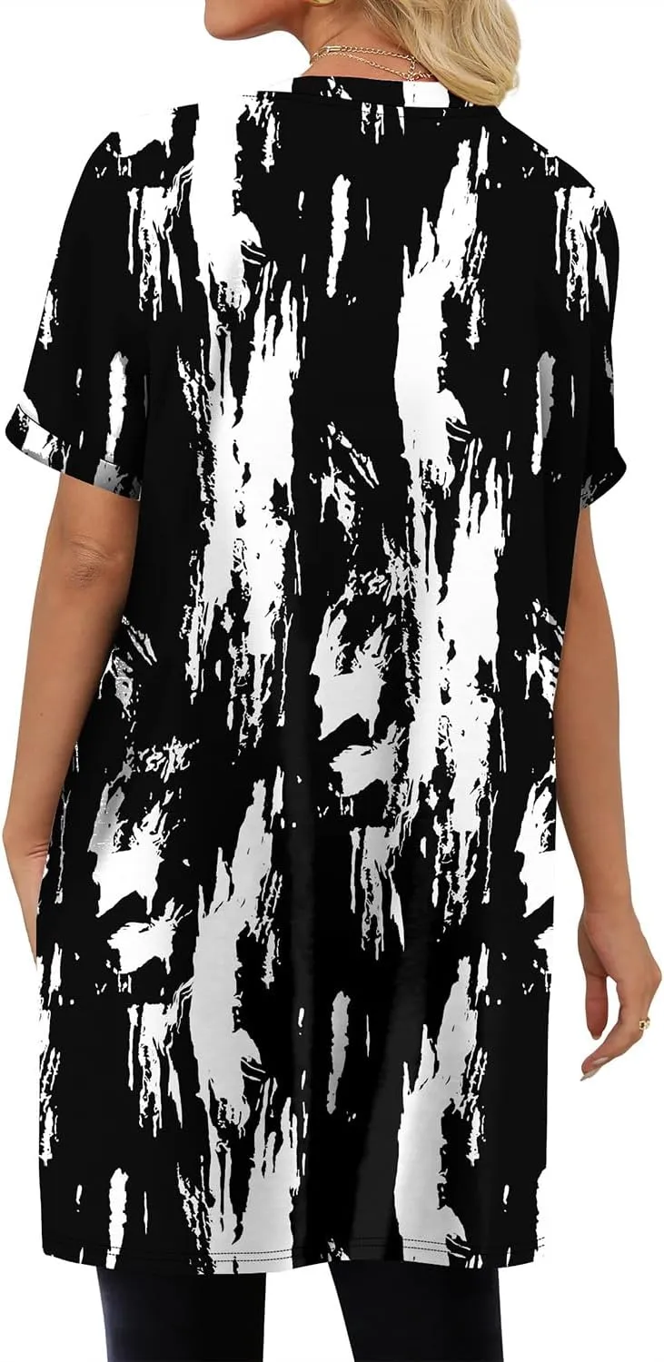 KISSMODA Women's Tunics or Tops to Wear with Leggings Short Sleeve Casual Long Tunics with Pockets T Shirts Loose S-3XL