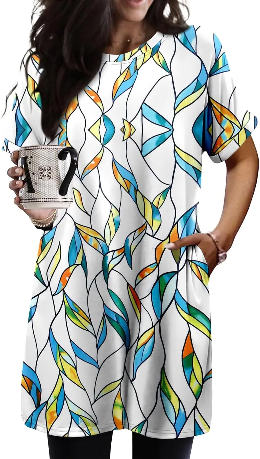 KISSMODA Women's Tunics or Tops to Wear with Leggings Short Sleeve Casual Long Tunics with Pockets T Shirts Loose S-3XL