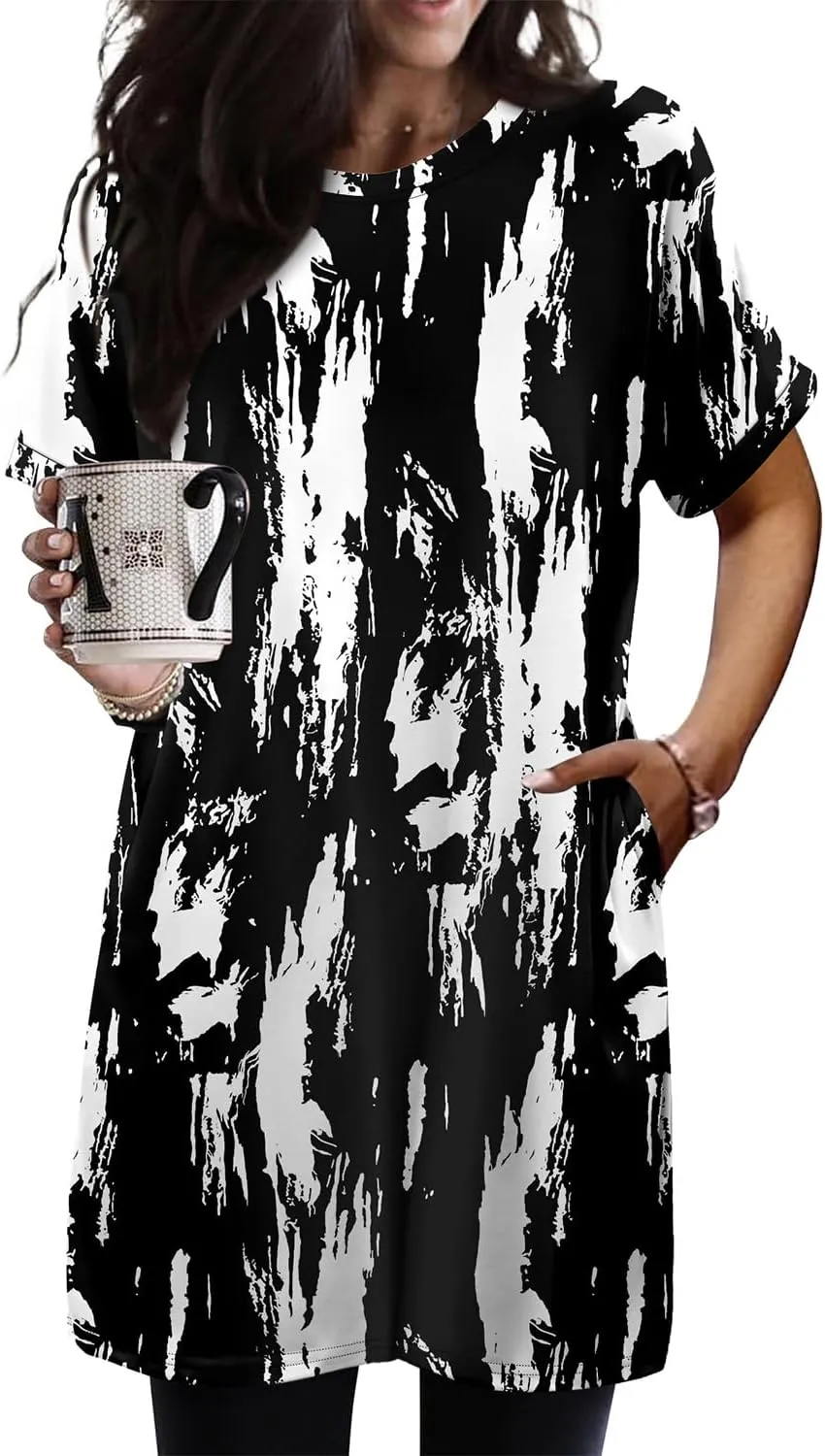 KISSMODA Women's Tunics or Tops to Wear with Leggings Short Sleeve Casual Long Tunics with Pockets T Shirts Loose S-3XL