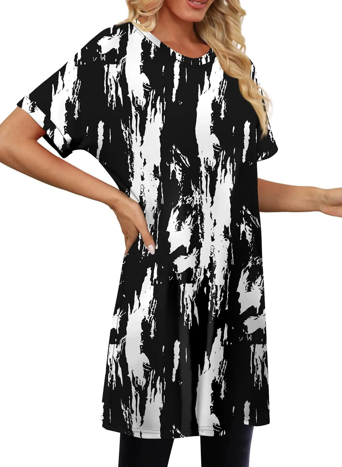 KISSMODA Women's Tunics or Tops to Wear with Leggings Short Sleeve Casual Long Tunics with Pockets T Shirts Loose S-3XL