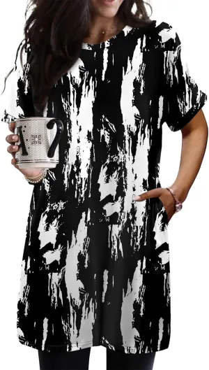 KISSMODA Women's Tunics or Tops to Wear with Leggings Short Sleeve Casual Long Tunics with Pockets T Shirts Loose S-3XL