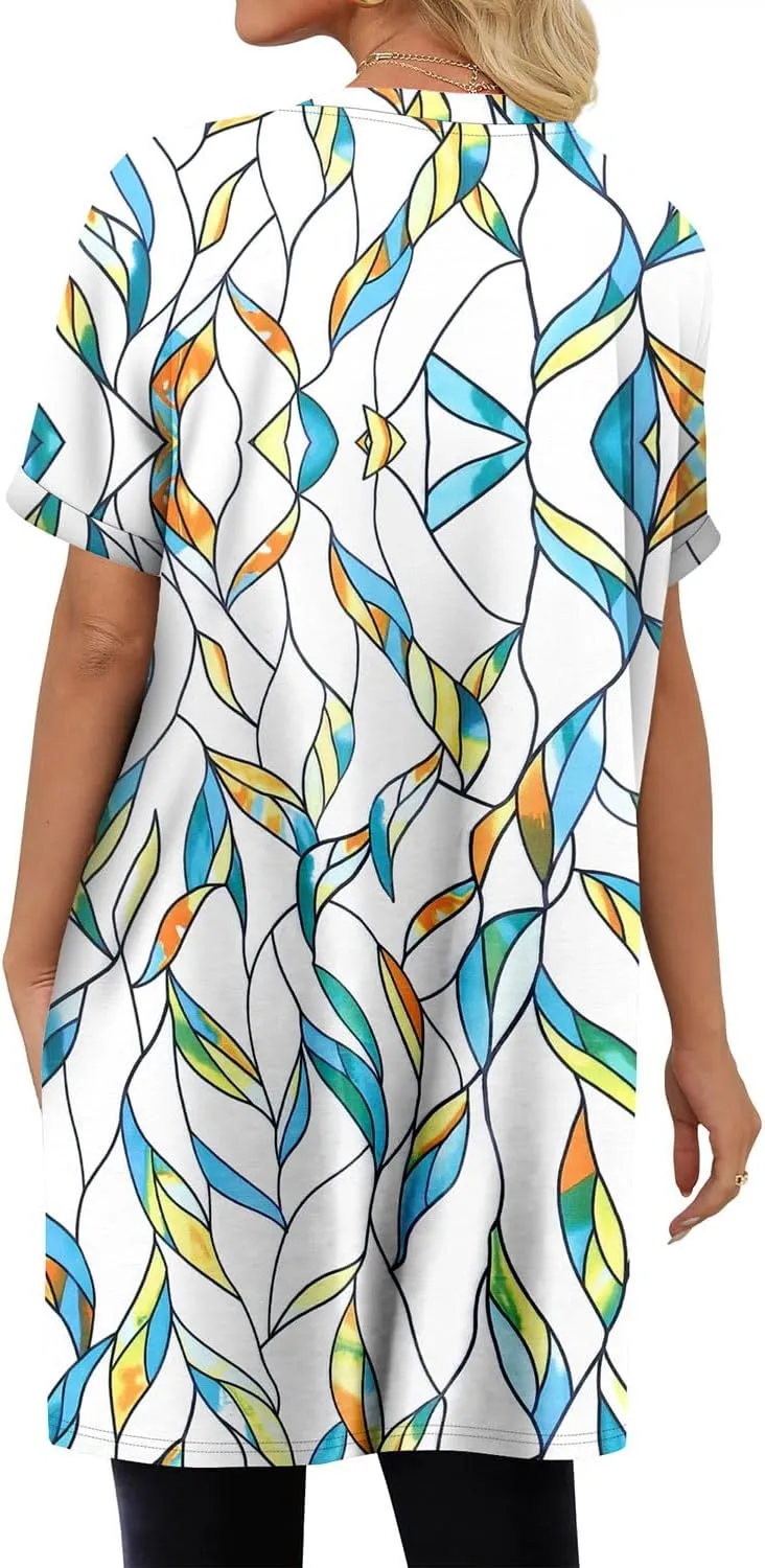 KISSMODA Women's Tunics or Tops to Wear with Leggings Short Sleeve Casual Long Tunics with Pockets T Shirts Loose S-3XL