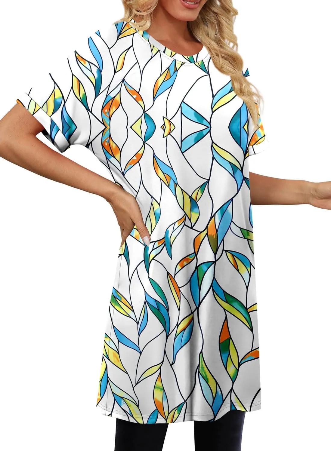 KISSMODA Women's Tunics or Tops to Wear with Leggings Short Sleeve Casual Long Tunics with Pockets T Shirts Loose S-3XL