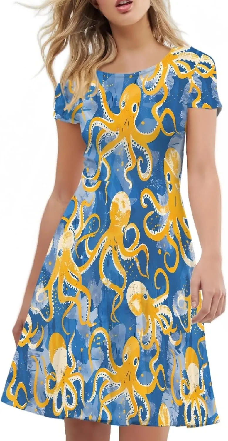 KiuLoam Women Summer Midi Dresses Short Sleeve Crew Neck A Line Dress Party Elegant Casual Dresses Plus Size S-4XL