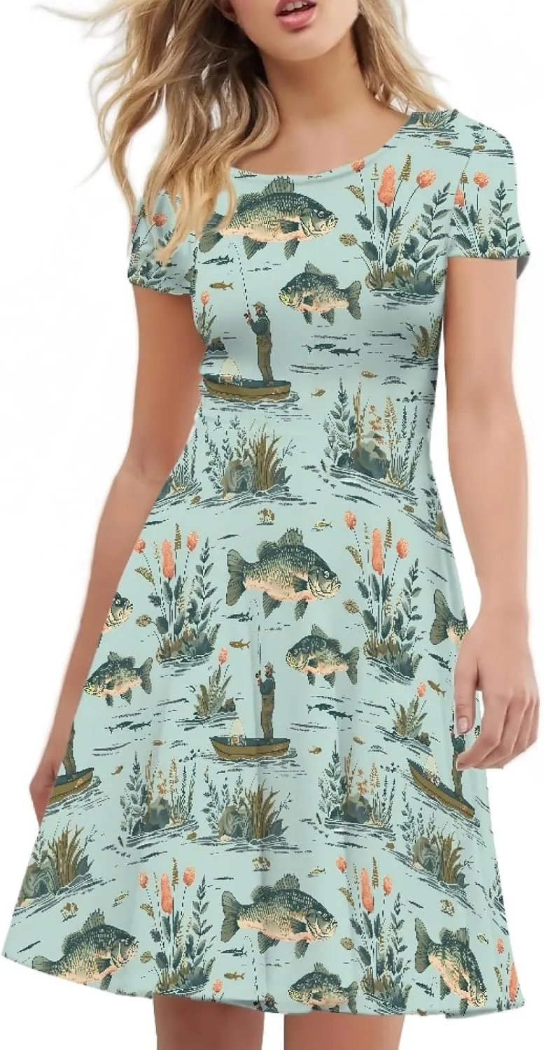 KiuLoam Women Summer Midi Dresses Short Sleeve Crew Neck A Line Dress Party Elegant Casual Dresses Plus Size S-4XL