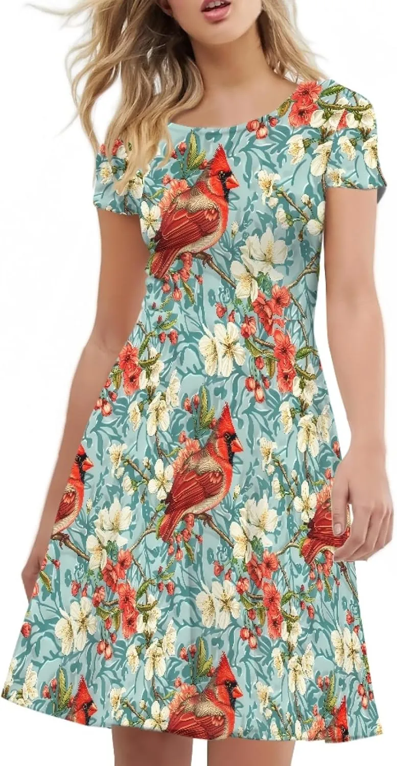KiuLoam Women Summer Midi Dresses Short Sleeve Crew Neck A Line Dress Party Elegant Casual Dresses Plus Size S-4XL
